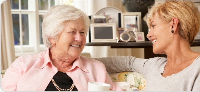 An older woman sharing a warm conversation with a visiting woman